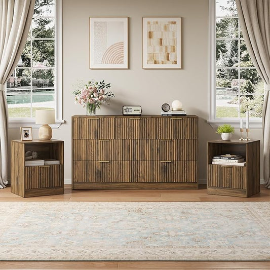 Fluted Dresser & Nightstand Set 3-Piece, 7 Drawer Dressers and Night Stand Set of 2 with Metal Handle, Fluted Mid Century Wood Chest of Drawers Storage Dressers Set for Bedroom, Walnut