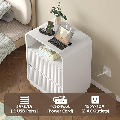 Dresser with 2 Drawers and Charging Station, Fluted Bedside Table with Round Curved Corner, Hidden Handles, 2 AC Outlets and 2 USB Ports, Modern Wood End Table with Open Shelf for Bedroom