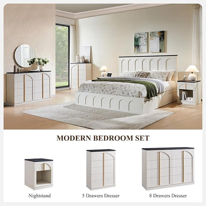 ACCOHOHO Modern 5 Drawers Dresser for Bedroom with Arched Panel,44" Tall Dresser for Closet with Metal Handles,Push-to-Open Wood Storage Closet Dressers Tv Stand for Living Room, Hallway,White