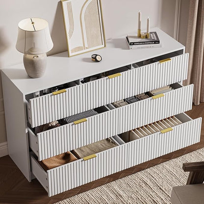 White 7 Drawer Dresser for Bedroom, 55.9" Wide Modern Fluted Dresser with Gold Metal Handles, Wide Chest of Drawers for Bedroom, Living Room, Entryway, Hallway