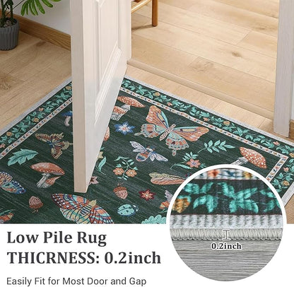 Mushroom 3x5 Rug Washable Non-Slip Small Indoor Rugs for Entryway with Rubber Back Soft Low-Pile Stain Resistant Foldable Carpet for Kitchen Bedroom Living Room Mat Black