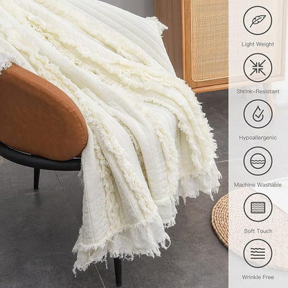 Ultra Soft Pre-Washed Quilted Boho Cream Queen Size Blankets for Bed, Ruffle Fringed Decorative Throw, Stone Washed Chic Rustic Blanket for Sofa Couch Bed, 90"*90"