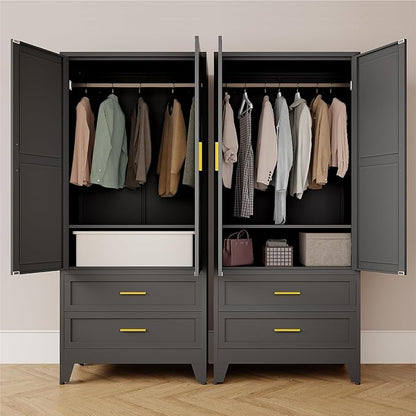 Metal Armoire Wardrobe Closet,71" Tall Black Storage Cabinet with Hanging Rod,2 Drawers & Adjustable Shelves,Heavy-Duty Steel Wardrobe for Bedroom, Garage, and Office