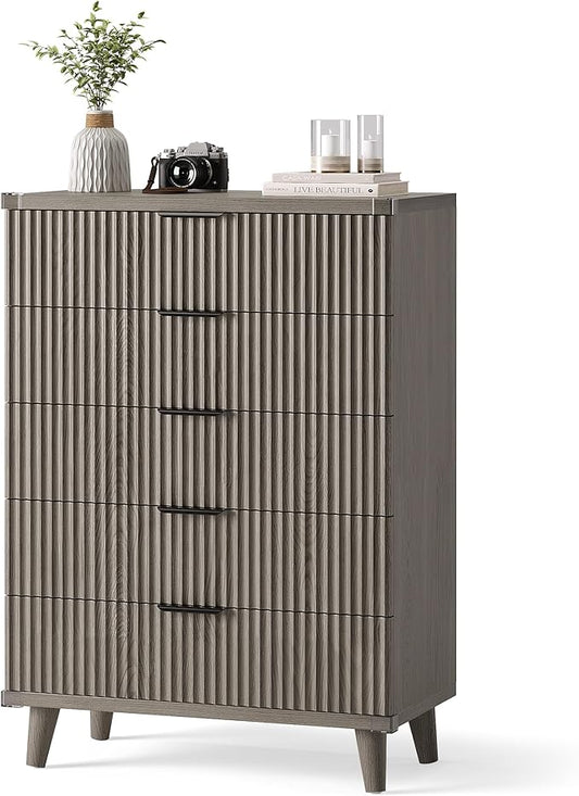 Lulive Dresser for Bedroom Wood Tall Dressers Drawers, Fluted Modern Dresser 5 Drawers (Dark Grey Oak)