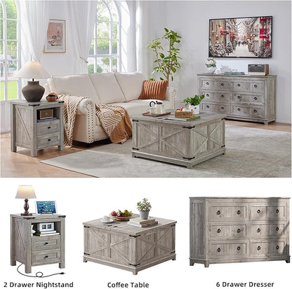 Joaxswe Nightstand with Charging Station and USB Port, Farmhouse Night Stand with 2 Drawers and Shelf Storage, Wooden Side End Table, Bedside Cabinet for Bedroom, Living Room, Closet,Office (Grey)