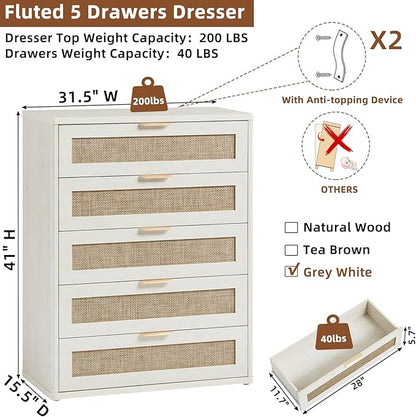 LEYAOYAO Rattan Dresser for Bedroom Set 2, 41" Tall Chest of Drawers, Modern 5 Drawers Boho Dressers with Storage, Light Oak Dresser Wooden Closet Organizer for Living Room, Hallway, Natural Wood