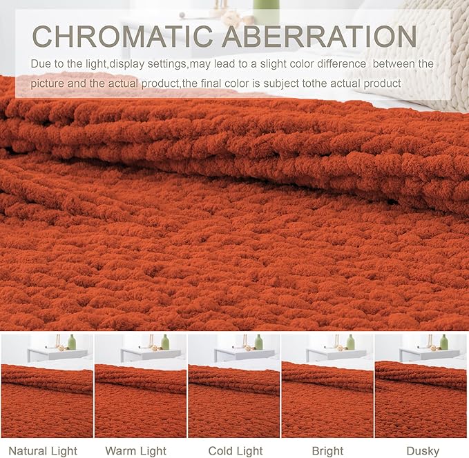 Chunky Knit Throw Blanket 60"X 80", 100% Handmade with Soft Chenille Yarn, 4.4lbs Thick Cable Knitted Blankets, Large Rope Knot Crochet Throws for Couch Sofa Bed Home Decor, Rust
