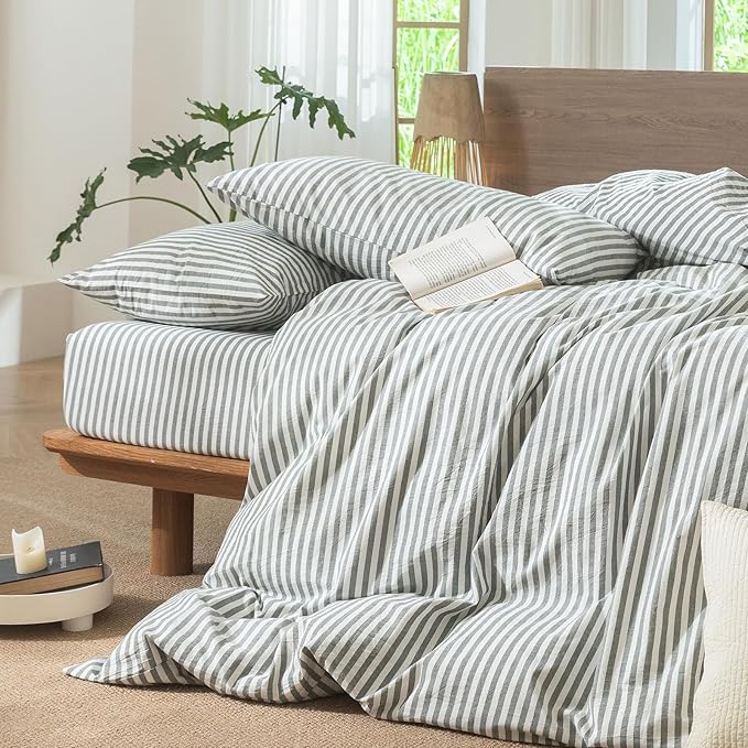 MooMee Striped Duvet Cover Set 100% Washed Cotton Linen Like Textured Breathable Durable Soft Comfy (Heathered Green Classic Stripes, Oversized King Plus 128"x120")