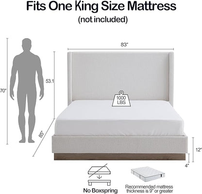 King Size Upholstered Platform Bed Frame, 53.1" Tall Headboard Hosford Wingback Bedframes, Wood Base Floor Beds, No Box Spring Needed, No Noise, Minimalist, Cream White Boucle
