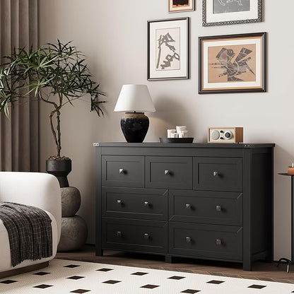 7 Drawer Dresser for Bedroom, Farmhouse Wood Chest of Drawers, Wide TV Stand Closet Storage Furniture with Metal Handle, Modern Wooden Clothes Organizer for Hallway, Living Room, Entryway, Black