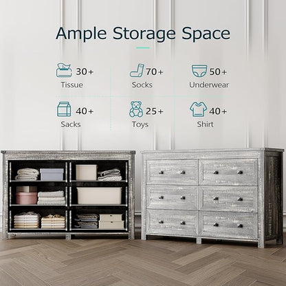 6 Drawer Dresser for Bedroom, Farmhouse Wood Chest of Drawers, Wide TV Stand Closet Storage Furniture with Metal Handle, Modern Clothes Organizer for Hallway, Living Room, Entryway, Grey