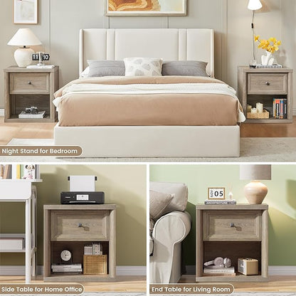 Farmhouse Night Stand Set of 2, Grey Nightstands with Drawer Storage, Wood Large Side Tables End Table, 22.6" Wide Bedside Tables Night Stands for Bedroom Room Sofa Couch Office