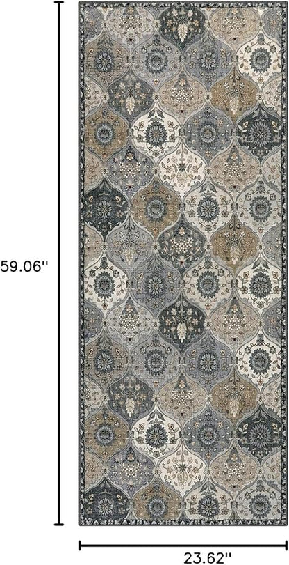 Lahome Moroccan Trellis Kitchen Runner Rug, 2x5 Washable Runners for Hallways Non Slip Soft Hallways Rug Ultra-Thin Vintage Long Carpet for Bedroom Bathroom, Grey