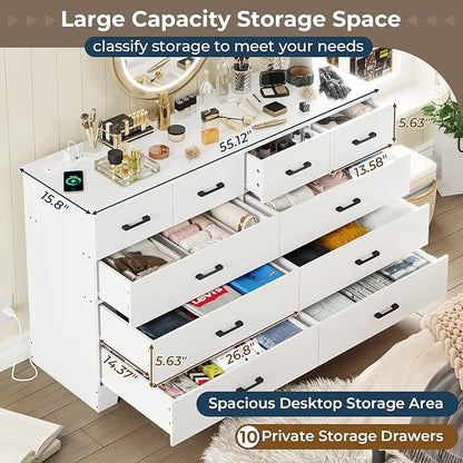DICTAC White Dresser for Bedroom with 10 Drawers, Large Chest of Drawers Storage Organizer, Long Dresser TV Stand with Power Outlets, Wide Dressers for Bedroom, Living Room 55.1" W x 32.3" H x 15.8" D