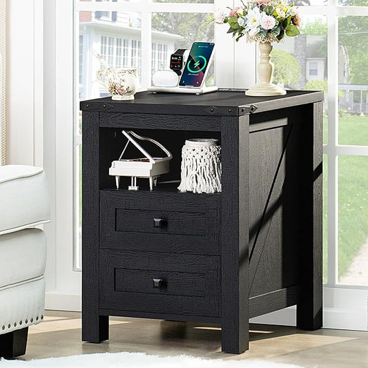 Joaxswe Nightstand with Charging Station, Farmhouse Night Stand with 2 Drawers and Shelf Storage, Wooden Side End Table, Bedside Cabinet for Bedroom, Living Room, Closet, Office (Black)