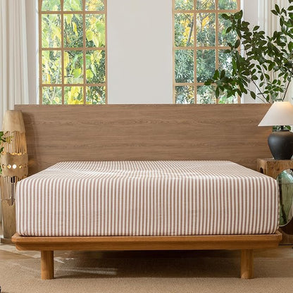 MooMee Striped Fitted Bottom Sheet Only 100% Washed Cotton Linen Like Textured Breathable Durable Soft Comfy Deep Pocket Fits Mattress up to 17" (Orange Classic Stripes, Queen)