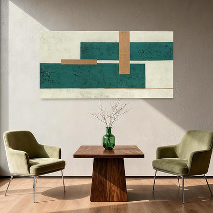 YETHEN WAL Teal Geometric Abstract Canvas Wall Art, 20×40 in Horizontal – Gallery Wrapped, Green & Beige Minimalist Artwork for Living Room, Bedroom, Office