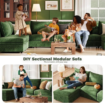 ABCASA 134.6" Luxury Modular Sectional Convertible Sofa with Storage Ottoman, L-Shape 5-Seat Oversized Comfy Couch Deep Seat with Reversible Chaise - Chenille Green