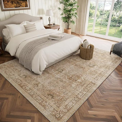 Washable 6x9 Area Rugs for Living Room, Boho Non-Slip Vintage Distress Large Rugs for Bedroom Dining Room Nursery Office, 0.3" Neutral Oriental Throw Thin Carpet, Brown/White/Multi
