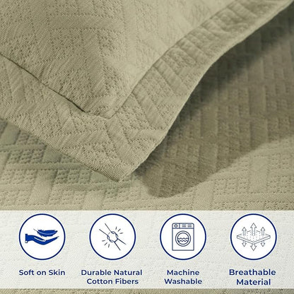 Superior 100% Cotton Basket Weave Bedspread with Shams, All-Season Premium Cotton Matelasse Jacquard Bedding, Quilted-Look Geometric Basket, Full, Sage
