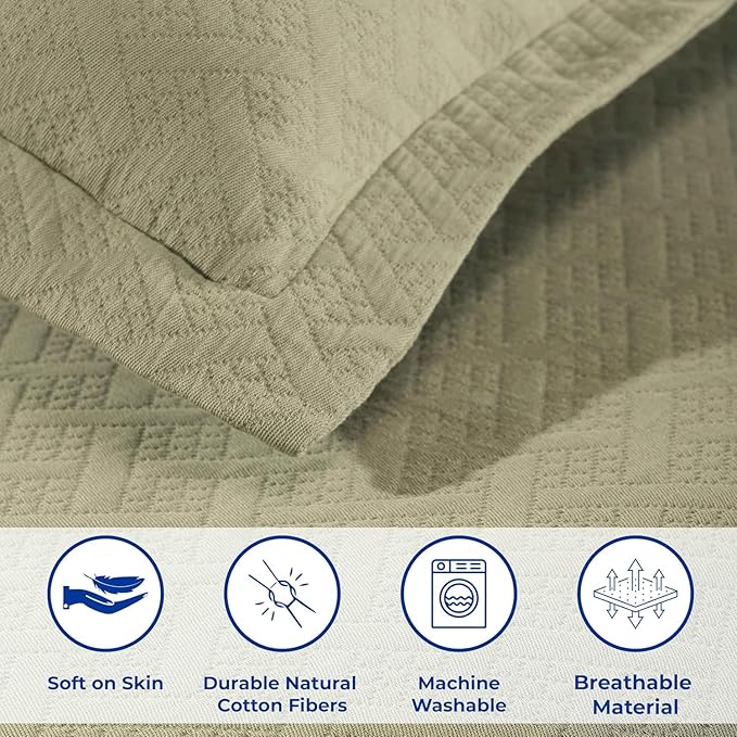 Superior 100% Cotton Basket Weave Bedspread with Shams, All-Season Premium Cotton Matelasse Jacquard Bedding, Quilted-Look Geometric Basket, King, Sage