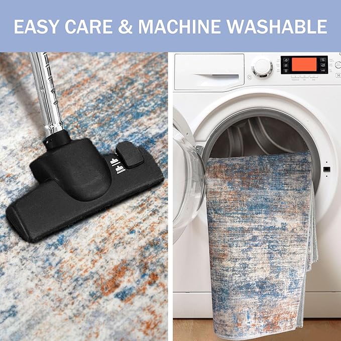 IOHOUZE Abstract Area Rugs 9x12 Ft Washable Large Rugs for Living Room, Non Slip Dining Room Rug, Printed Faux Wool Rugs for Bedroom, Floor Carpet for Office Nursery Playroom, Blue Rust