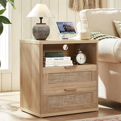LEYAOYAO Rattan Dresser and Nightstand Sets 3 Piece, Boho Wood Dresser for Bedroom with 6 Drawers and Night Stand with Charging Station, Bedroom Furniture, Dressers & Chests of Drawers, Living Room