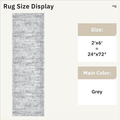Runner Rug 2'x6' Washable Non-Slip Runner Rugs for Kitchen Bathroom Laundry Room Grey Vintage Floor Carpet Runners for Hallway Entryway