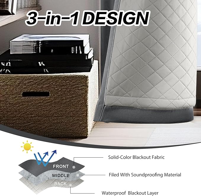 Noise Canceling Curtains Soundproof 3-in-1 Grommet Full Blackout Curtains for Bedroom Living Room 1 Panel（Grey,50x96 Inches）