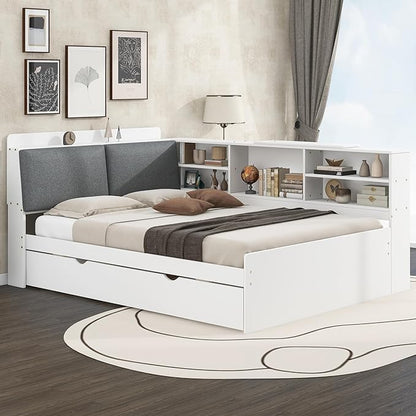 Ball & Cast Full Size Wooden Storage Daybed Frame, Modern Platform Bed with Trundle & Flip Headboard & Shelves, L Shaped Full Floor-Bed w/Upholstered Headboard&Storage, No Box Spring Needed, White
