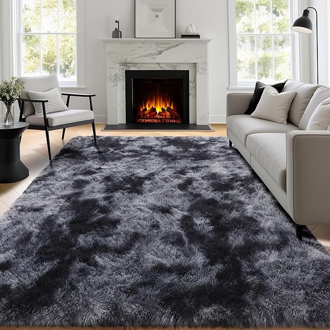 PAGISOFE Abstract Shaggy Area Rug 6x9 Feet,Plush Fluffy Rugs for Living Room,Tie-Dyed Grey Soft Rug for Bedroom,Furry Rugs for Girls Boys Kids Room,Extra Large Fuzzy Rug, Shag Carpets for Room Decor
