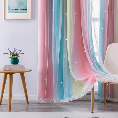 XiDi Curtains for Bedroom Decor, Rainbow Pink-Blue-52-90