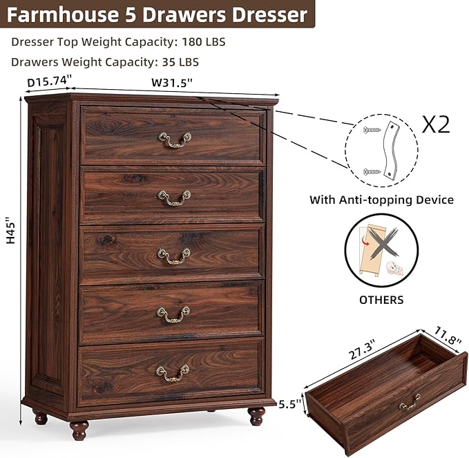 Farmhouse 5 Drawer Dresser for Bedroom, 45" Tall Rustic Chests of Drawers w/ 4 Solid Wood Feet, Mid Century Modern Wooden Closet Storage Dressers Organizer for Living Room, Hallway, Brown
