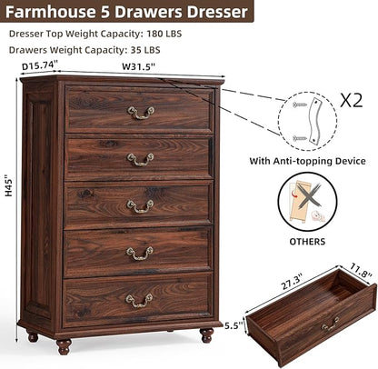 Farmhouse 5 Drawer Dresser for Bedroom, 45" Tall Rustic Chests of Drawers w/ 4 Solid Wood Feet, Mid Century Modern Wooden Closet Storage Dressers Organizer for Living Room, Hallway, Brown