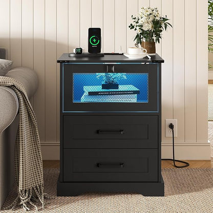 Hasuit Night Stand Set of 2 with Charging Station and LED Lights, Farmhouse Nightstand with 2 Drawers and Cubby with Wire Mesh Door, Black Bedside Table for Bedroom