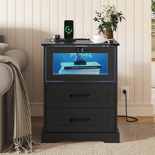 Hasuit Night Stand with Charging Station and LED Lights, Farmhouse Nightstand with 2 Drawers, Black Bedside Table for Bedroom
