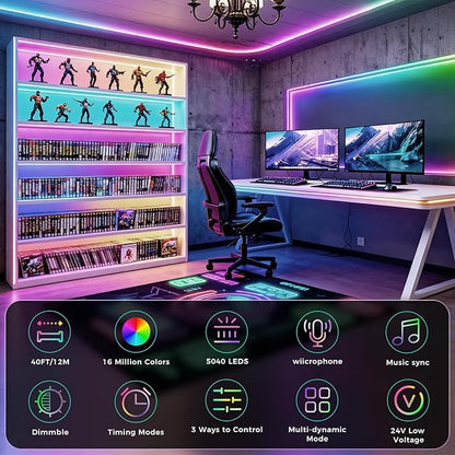 40FT RGB+IC COB LED Strip Lights, Bright Dream Color COB LED Light Strip with App & Remote Control, Color Changing, Music Sync, Dimmable for Bedroom, Kitchen, Gaming Room Home Decor （1 Roll）