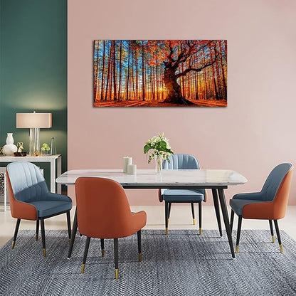 Large Forest Wall Art Forest Sunset Canvas Pictures Red Leaf Trees Landscape Canvas Artwork Contemporary Nature Picture for Living Room Bedroom Home Office Wall Decor Framed Ready to Hang 20" x 40"