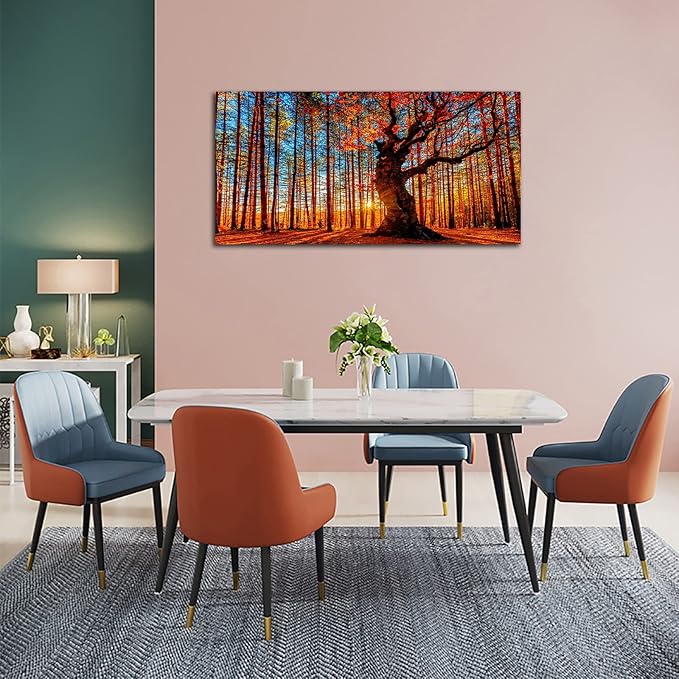 Yearainn Large Canvas Wall Art Forest Sunset Canvas Pictures Red Leaf Trees Landscape Contemporary Nature Picture for Living Room Bedroom Home Office Wall Decor Framed Ready to Hang 24" x 48"