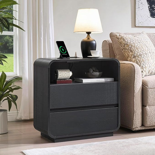 Curved Black Nightstand with Charging Station, 25" Tall Wood Night Stand, Modern Bedside Table with 2 Storage Drawers, End Table for Bedroom, Dorm, Sofa, Office