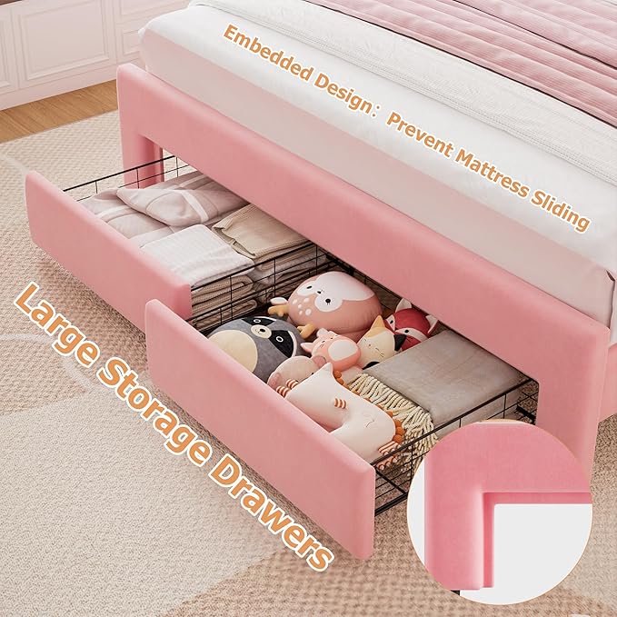 Velvet Upholstered Full LED Bed Frame with 2 Storage Drawers and Adjustable Chic Double Wavy Headboard, Princess Platform Bed with Charing Station, Solid Wood Slats Support,No Box Spring Needed,Pink