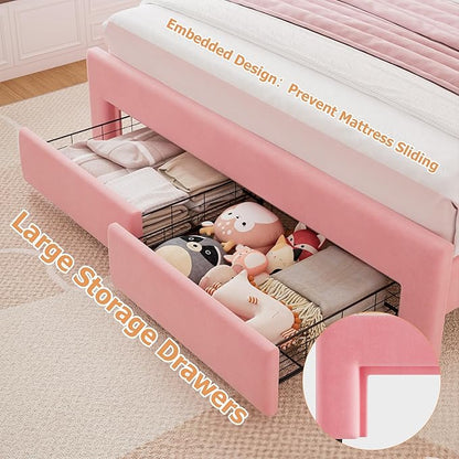 Velvet Upholstered Full LED Bed Frame with 2 Storage Drawers and Adjustable Chic Double Wavy Headboard, Princess Platform Bed with Charing Station, Solid Wood Slats Support,No Box Spring Needed,Pink