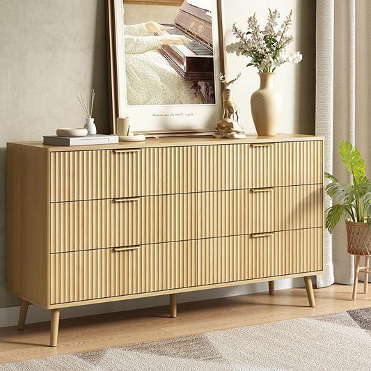 CARPETNAL Fluted 6 Drawer Dresser for Bedroom, 55" Wide Wooden Chest of Drawers with Rounded Corners, Gold Handles, Modern Storage Organizer for Bedroom, Hallway(Oak)
