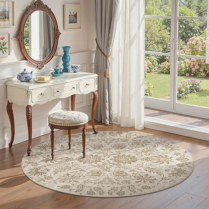 jinchan Torino Classic Floral Round Rug 4ft, Vintage-Inspired Neutral Design 4’Circle Rug, Machine Washable Ultra-Thin Low-Pile Non-Slip Indoor Carpet for Bedroom Living Room Entryway Taupe