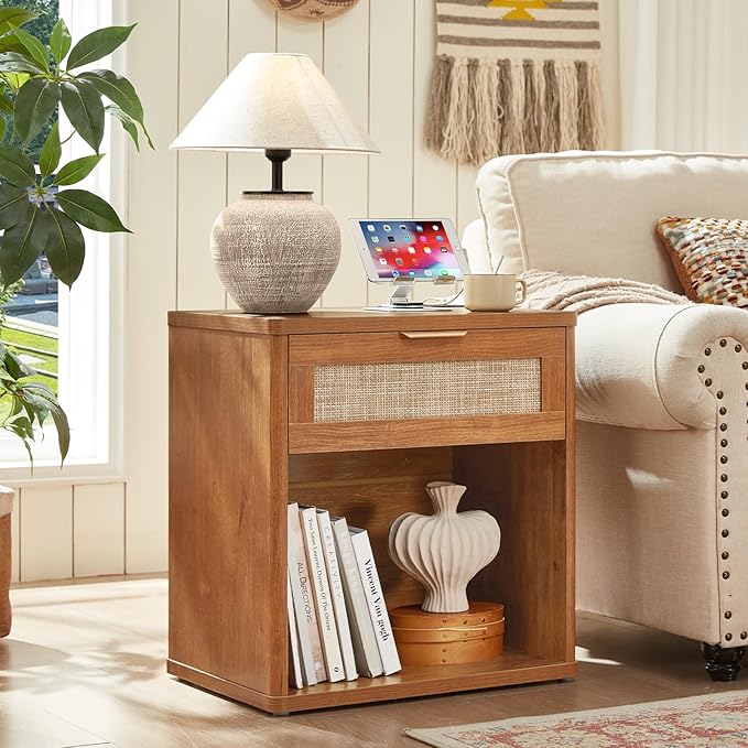 LEYAOYAO Rattan Dresser and Nightstand Set of 2, Boho Wood Dresser for Bedroom with 6 Drawers and Night Stand with Charging Station, Bedroom Furniture, Dressers & Chests of Drawers,Living Room,Hallway