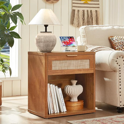 LEYAOYAO Rattan Dresser and Nightstand Set of 2, Boho Wood Dresser for Bedroom with 6 Drawers and Night Stand with Charging Station, Bedroom Furniture, Dressers & Chests of Drawers,Living Room,Hallway