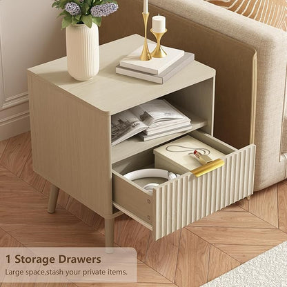 CARPETNAL Fluted Nightstand Set of 2, Beige Bedside Table with Drawer and Storage Shelf, Wood End Table Mid Century Night Stands for Bedroom Living Room