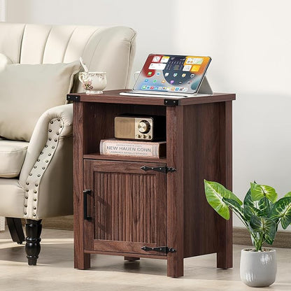 Joaxswe Night Stand, 18 Inch Farmhouse Nightstand with with Charging Station and USB Port, Rustic Couch End Table with Magnetic Door, Wood Bed Side Tables for Bedroom, Home, Brown Walnut