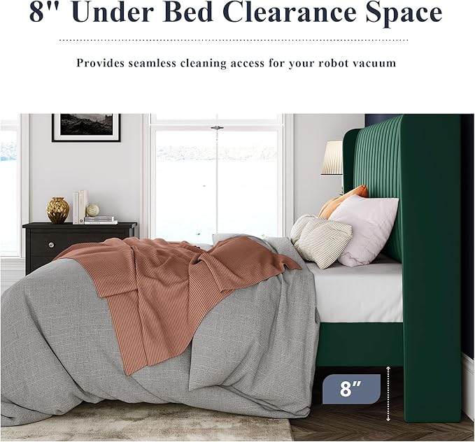 Allewie Full Size Bed Frame/Velvet Upholstered Platform Bed/Vertical Channel Tufted Wingback Headboard/Strong Wooden Slats/No Box Spring Needed/Easy Assembly/Green