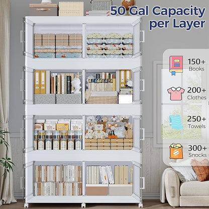 150GAL Storage Bins with Lid and Wheels, Stackable Closet Organizers and Storage Drawer, Collapsible Storage Box with Dividers, Foldable Plastic Cabinets for Room, Kitchen, 3 Pack White